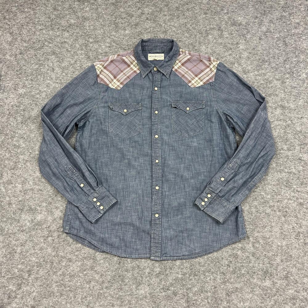 Denim & Supply Ralph Lauren Shirt Mens XL Blue Chambray Plaid Western Snap Yoke